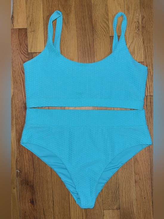 Infamous Swim Other - Textured Turquoise Blue High-Waist Bikini Set
